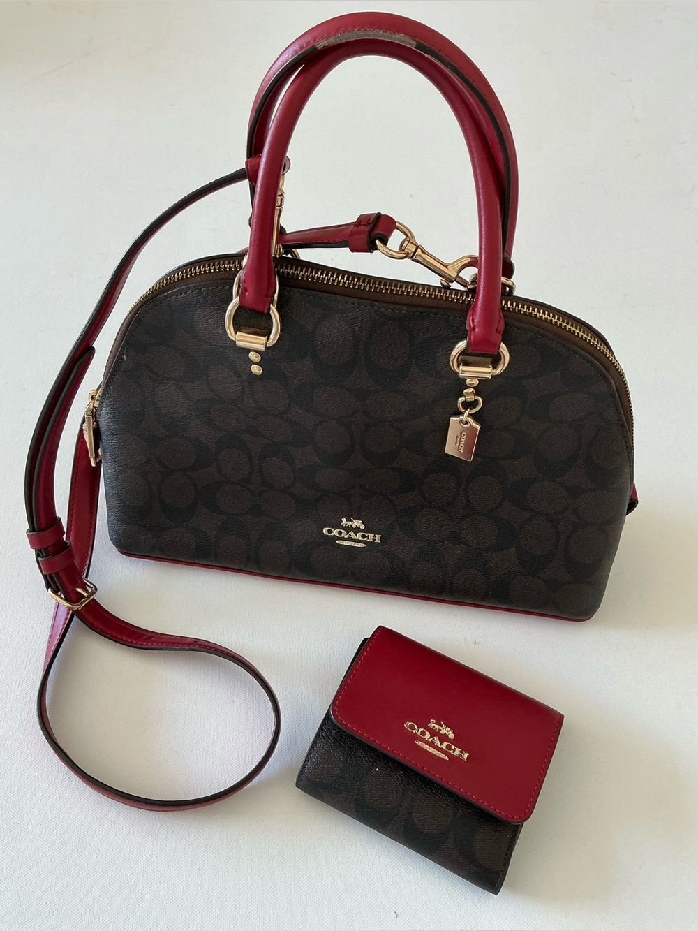 Coach Katy Satchel 1941 Red Signature Coated Canvas Dome Crossbody Bag & Wallet
